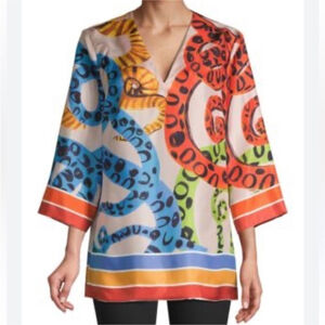 Escada Tunic Top Pullover Back Zip Silk Snake Print Stripe Multicolor Women's XS